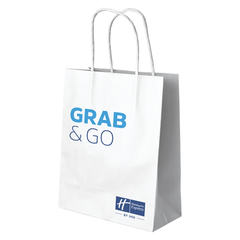 White paper bag with 'Grab & Go' text and Holiday Inn Express logo